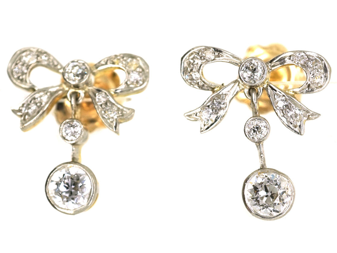 Edwardian 15ct Gold Platinum Diamond Bow Drop Earrings The Edwardian 15ct Gold Platinum Diamond Bow Drop Earrings